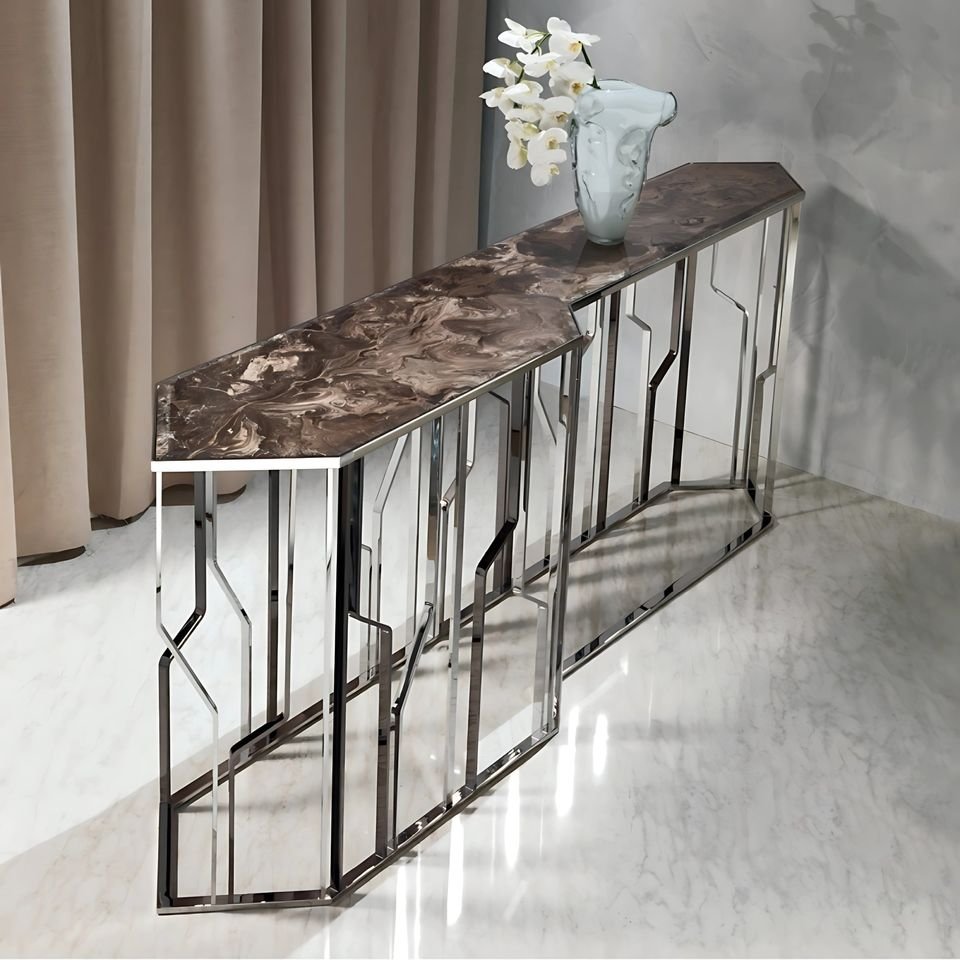 Stainless steel console with a marble top
