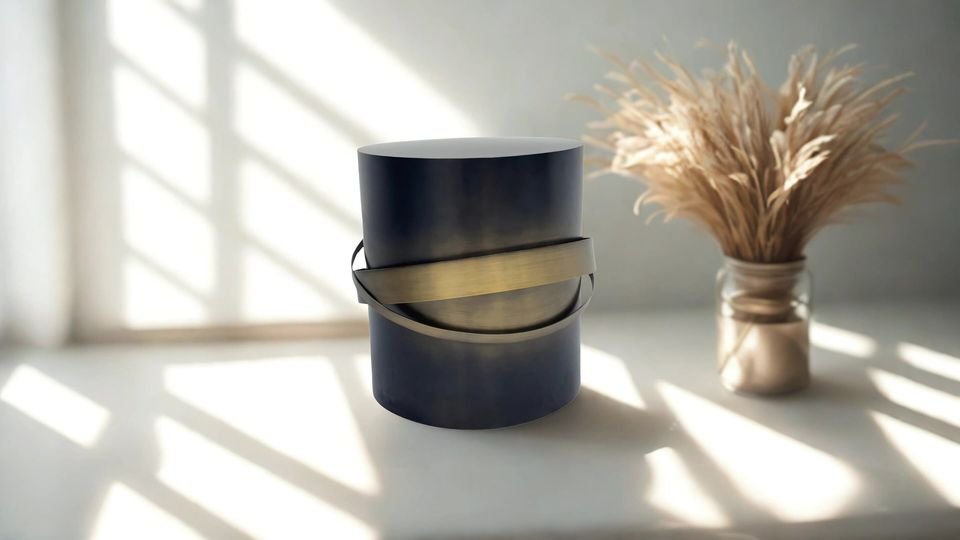 Drum side table with a banded metal finish