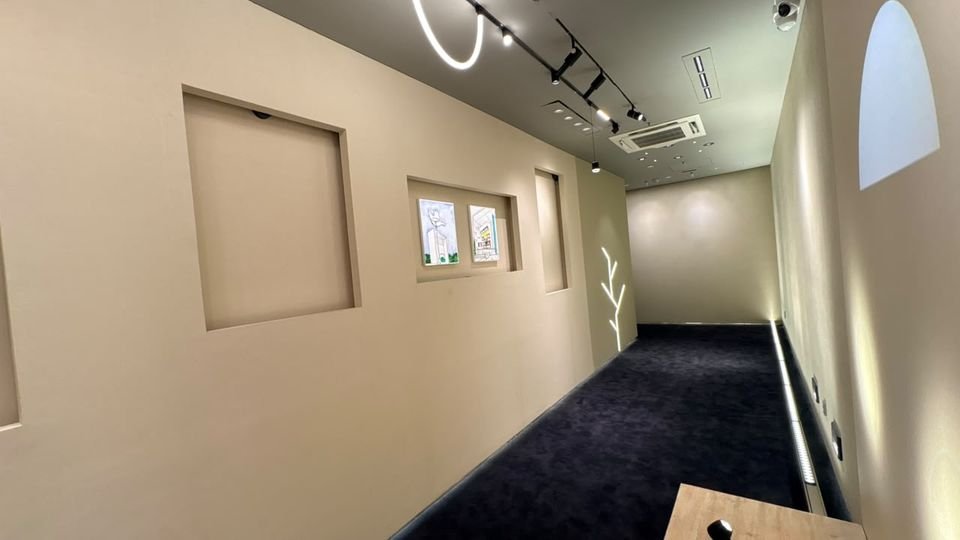 Lighting corridor. A carpeted corridor with display niches, a branch-shaped linear light and track spots.