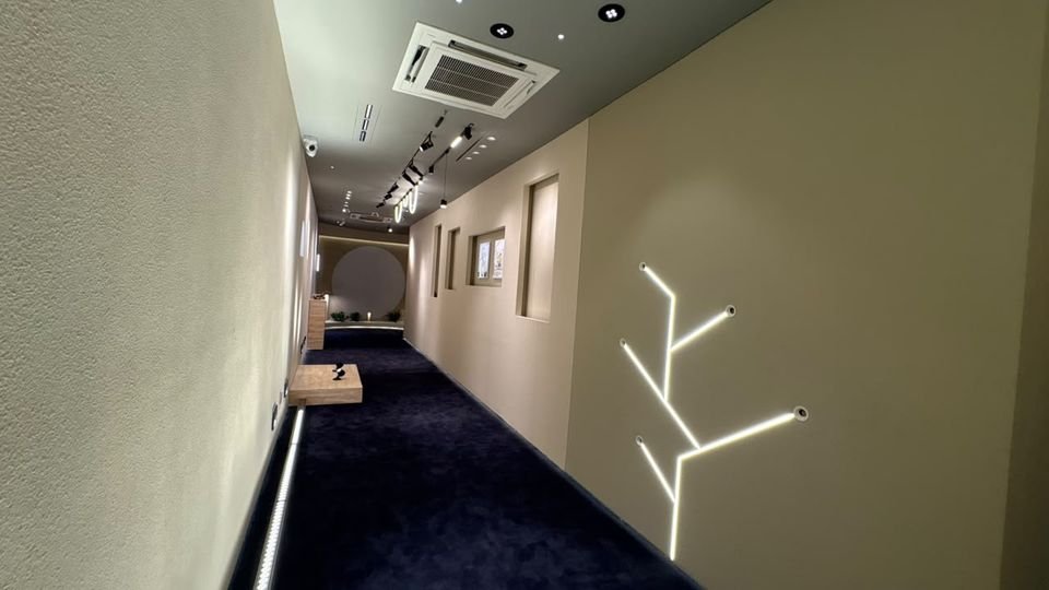 Branch light feature. A recessed branch-pattern linear light across the corridor wall.