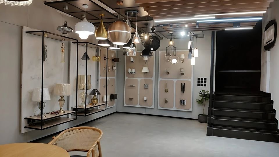 Pendant and wall-light displays above a lounge table