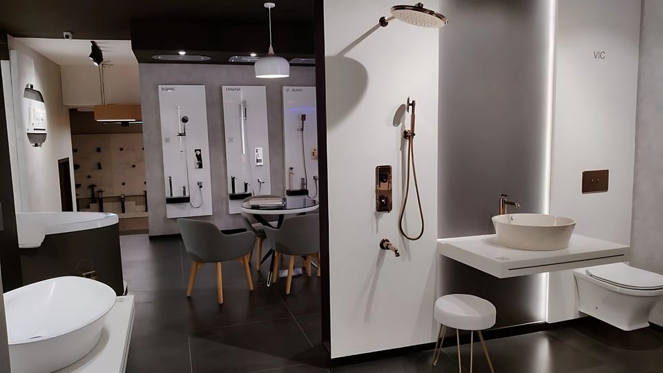 Shower and basin vignettes with warm metal fittings