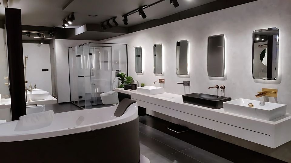 Long illuminated vanity run with mirrors and shower enclosures